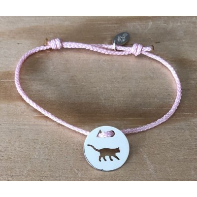 Bracelet femme argent, Token's Chat debout, Cordon couleur au choix